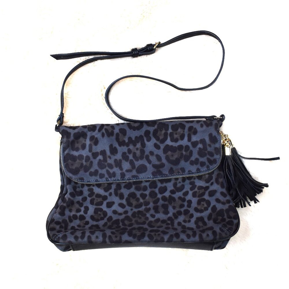 Gray Black Leopard Shoulder Bag Fold Over Tassel Adjustable Strap